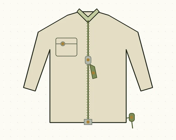 Line drawing of a zip-up jacket with five numbered parts: zip slider, pull tab, separating box, snap fastener and hem cord lock
