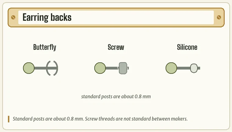 Three earring backs in profile on a post: a butterfly back, a screw back on a threaded post, and a silicone back