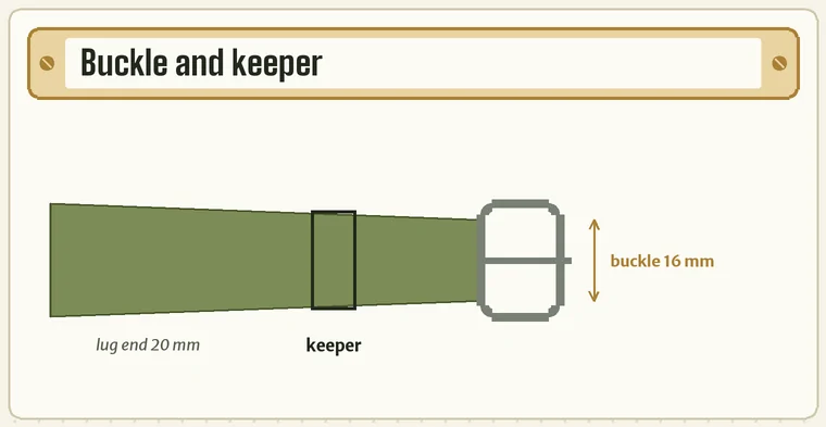 Tail end of a tapered strap with a pin buckle sized 16 mm and a keeper loop around the strap