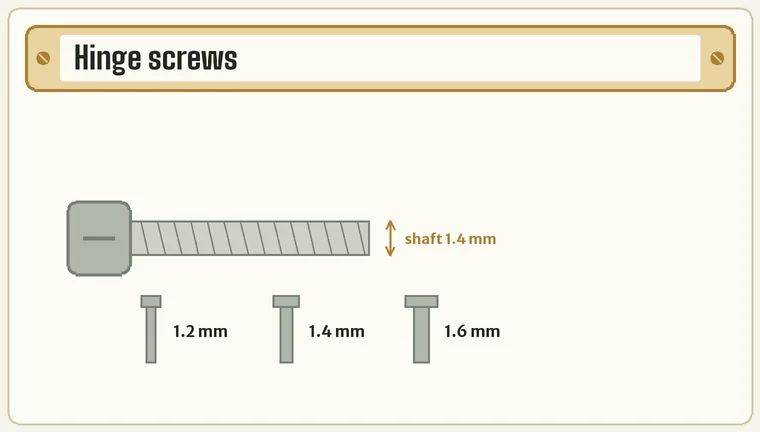 Enlarged hinge screw with its shaft diameter marked, and three screws labelled 1.2, 1.4 and 1.6 mm