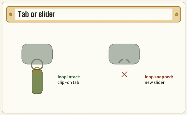 A zip slider with its loop intact and a clip-on pull tab hooking through it, next to a slider whose loop has snapped