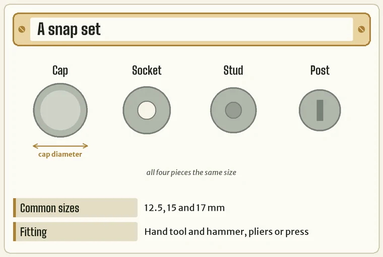 Exploded view of a snap fastener: cap, socket, stud and post stacked in order with the cap diameter marked