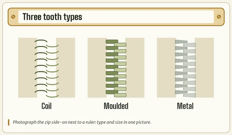 Three short lengths of zip chain side by side: a nylon coil, moulded plastic teeth and metal teeth